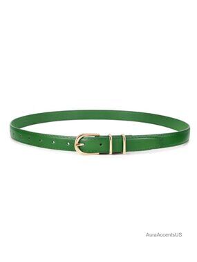 Women Skinny Faux Leather Belt Gold Single Prong Buckle